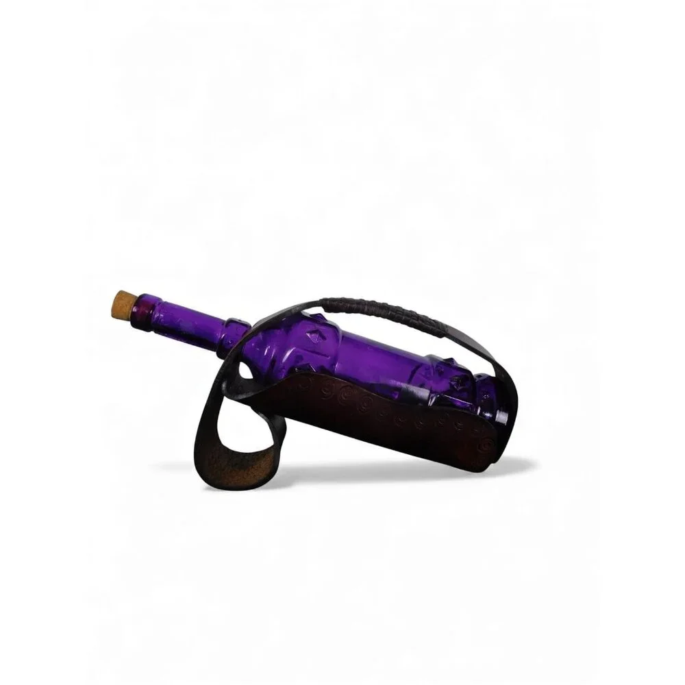 Purple Decorative Glass Bottle with Leather Carry Strap